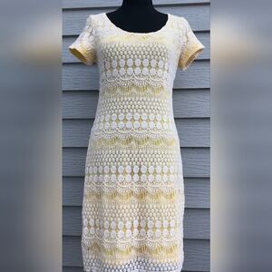 Tiana B. Yellow and White Crochet Midi Dress